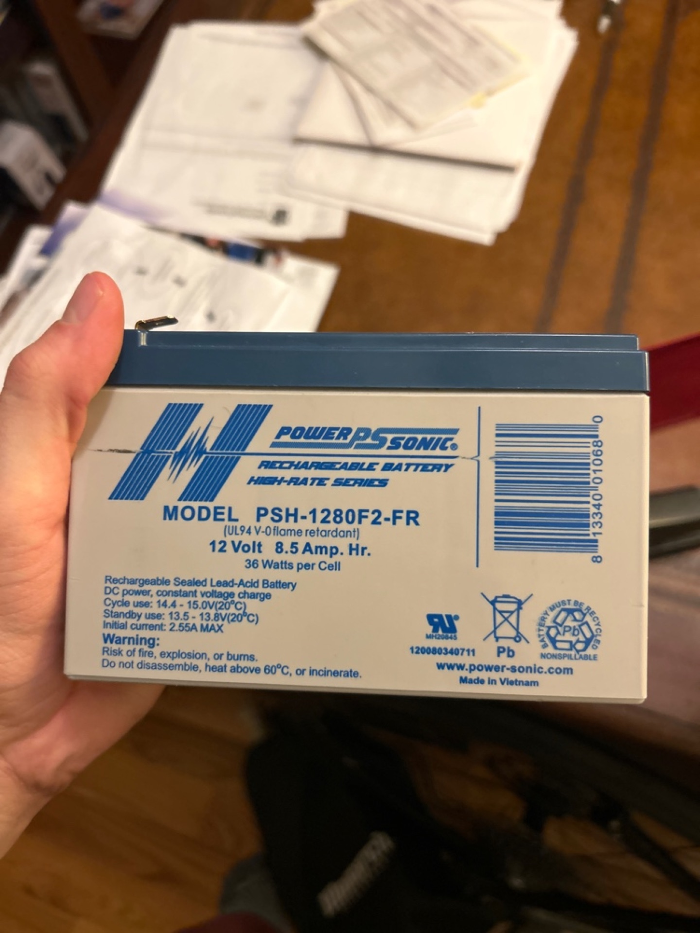 Power-Sonic PSH-1280F2-FR — 12V 8.5Ah sealed lead-acid battery