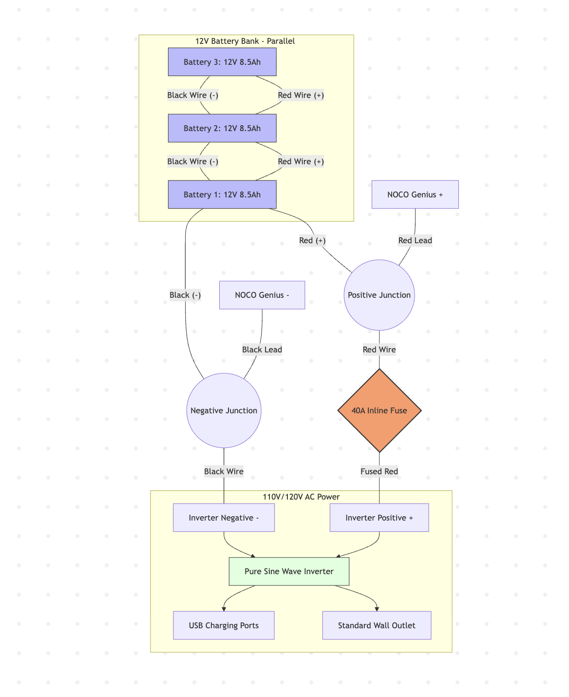 Wiring diagram of the parallel battery bank, fuse, inverter, and charger